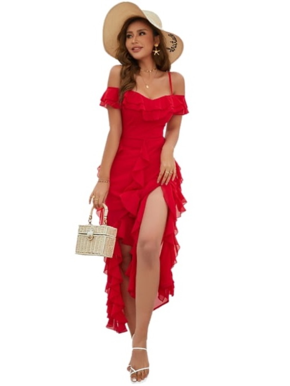Eilly Bazar Ruched Off-Shoulder Red High-Low Ruffle Dress size small